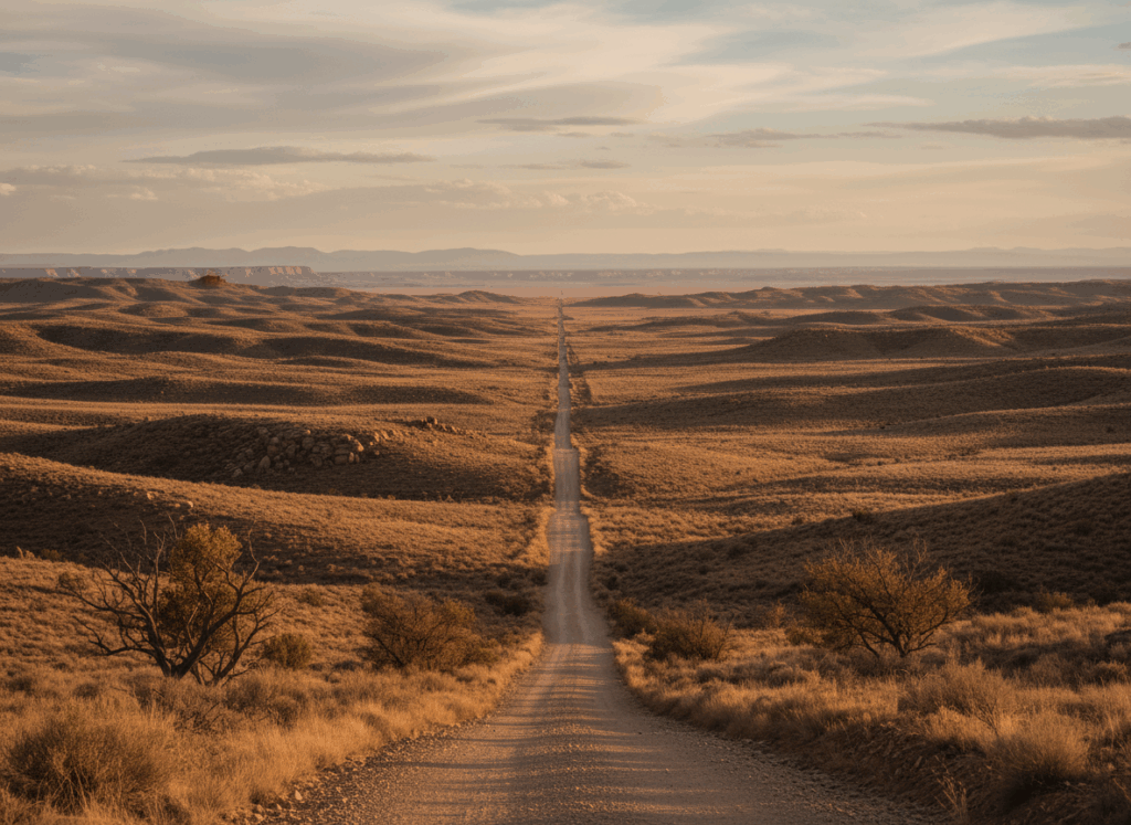 Firefly_Gemini Flash_Zeige eine Landschaft. Überwiegend Braun und Erdtöne. Eins estraße führt bis zum Hori 180850